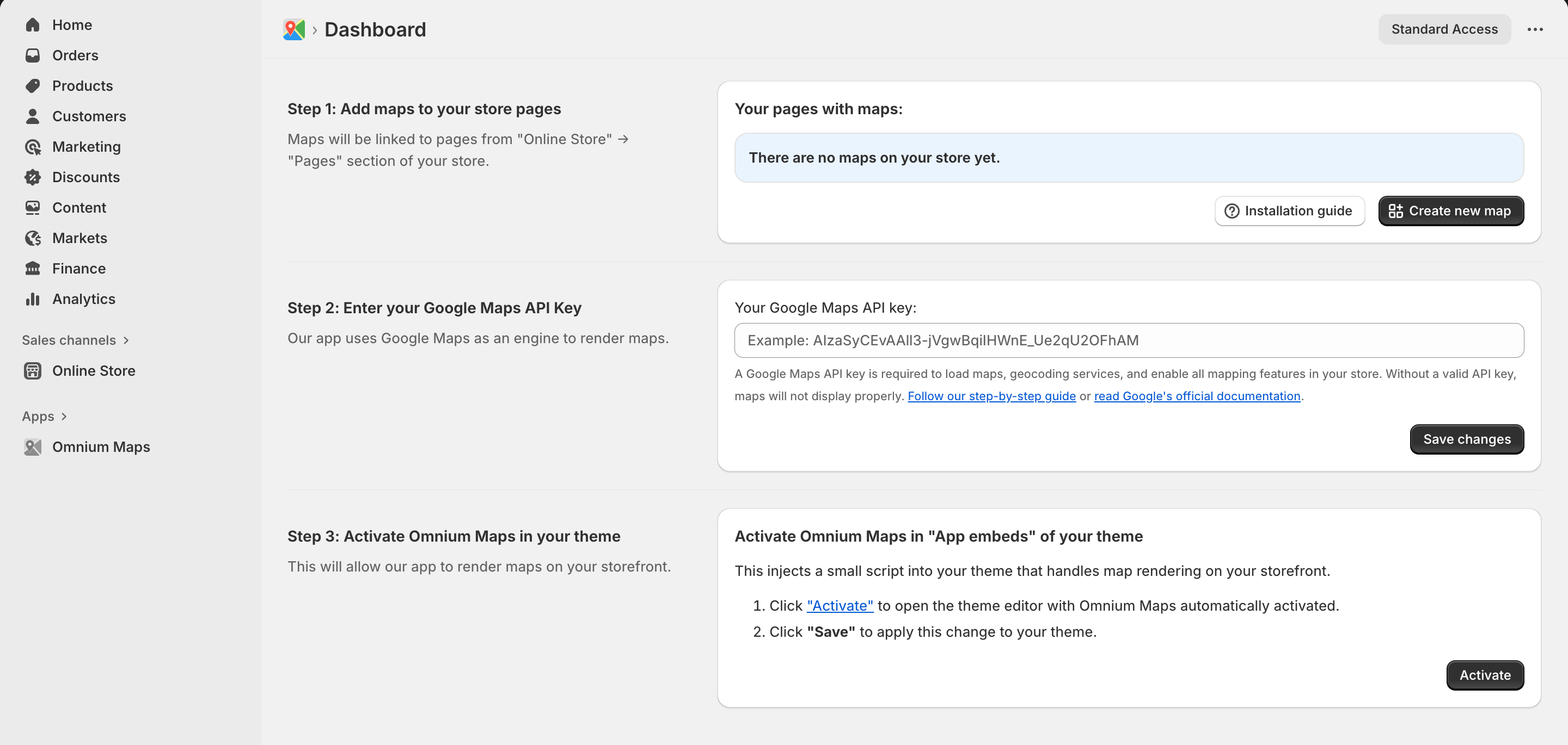 Omnium Maps app dashboard showing the create new map button after successful Shopify installation