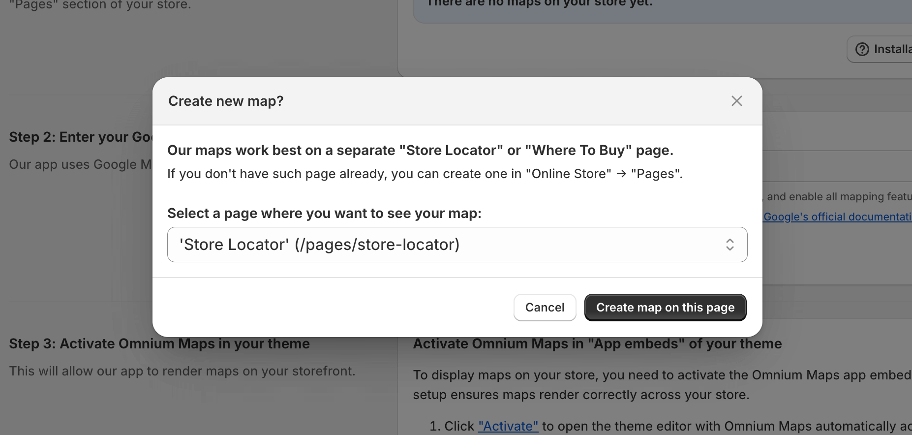 Shopify page selector interface displaying available store pages for Omnium Maps integration