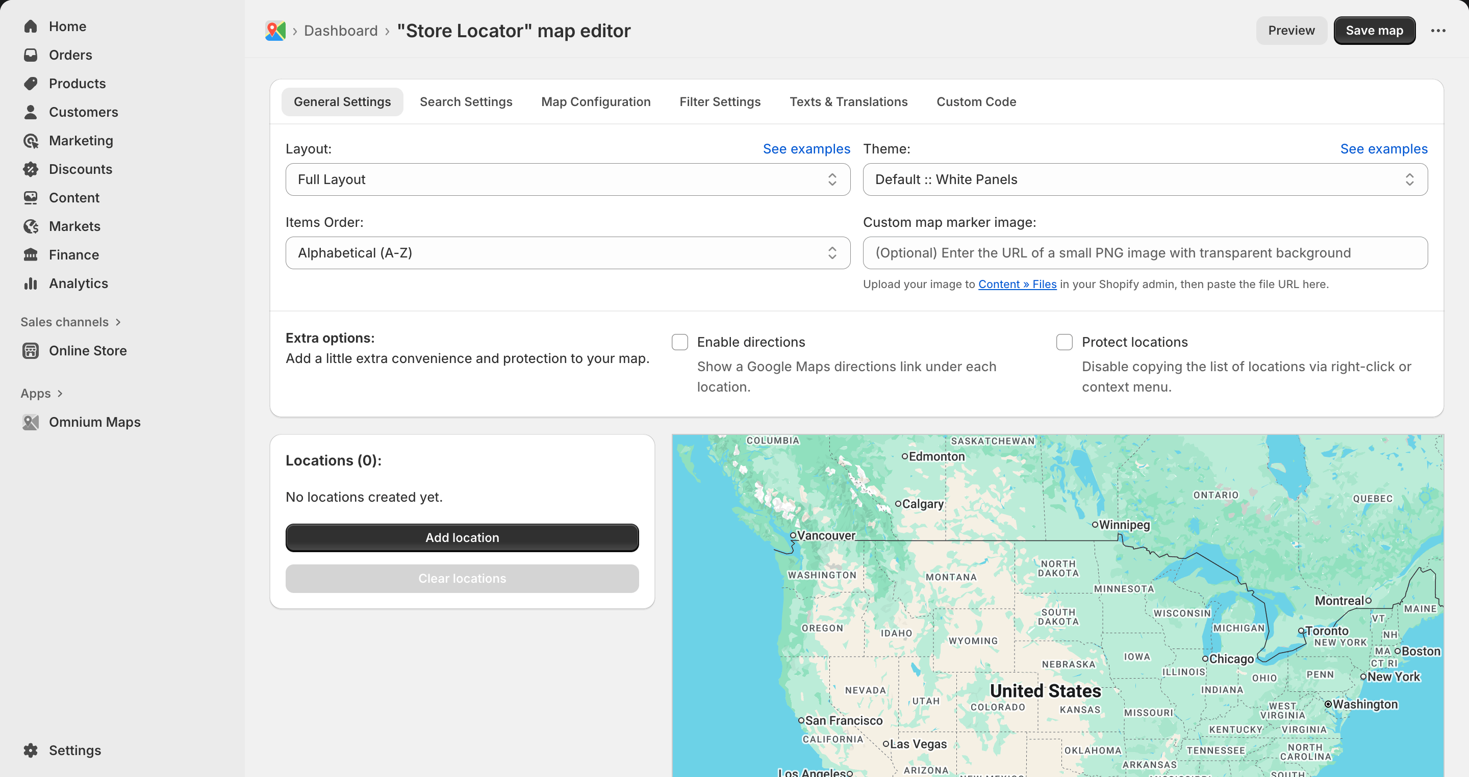 Omnium Maps editor showing map customization options including markers, clustering, and styling controls