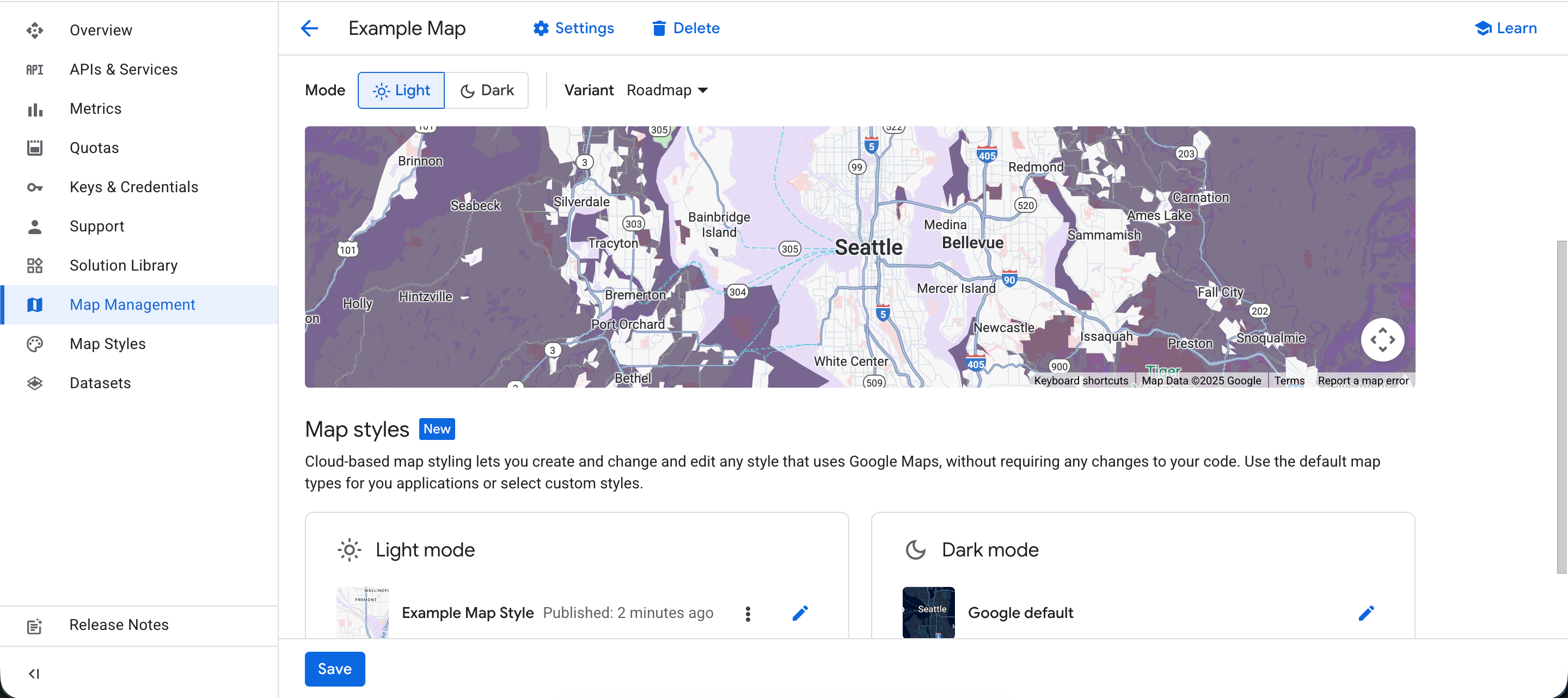Map preview confirming the custom styling applied via the Map ID