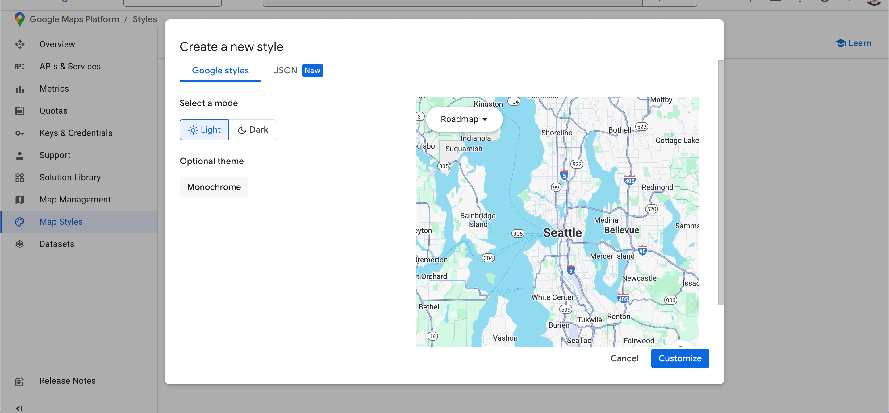 Create style dialog showing map type options and name fields
