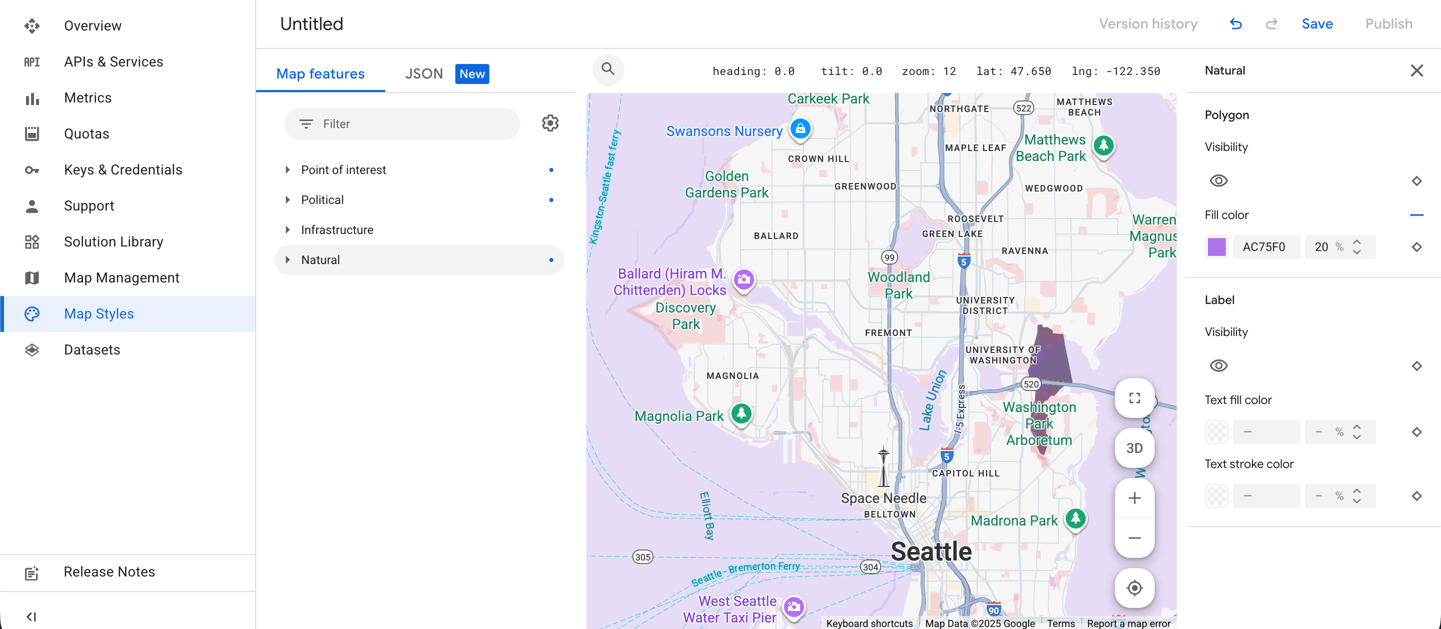 Styling Studio editor showing color controls with a live map preview
