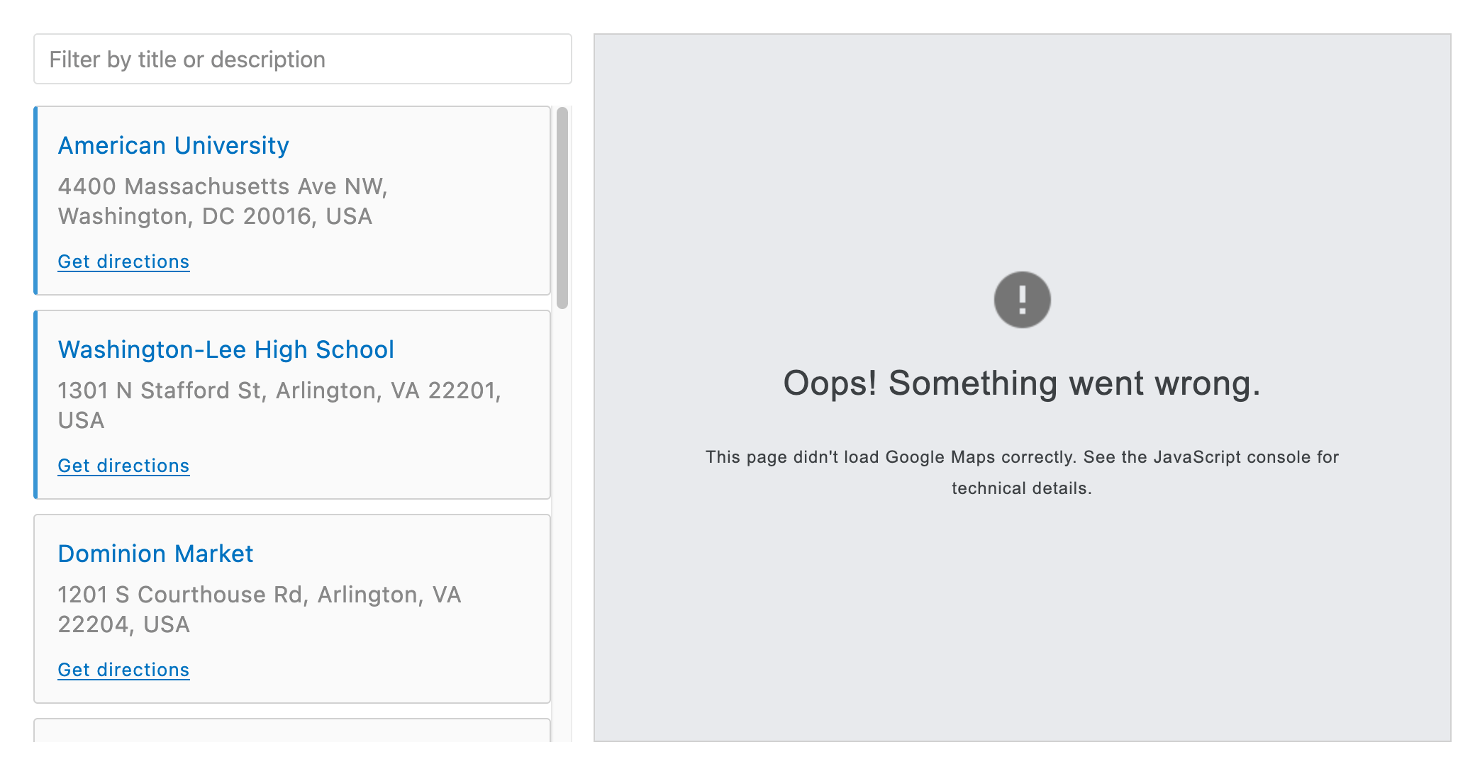 Dialog displaying Google Maps error details prompting to fix billing or API key configuration