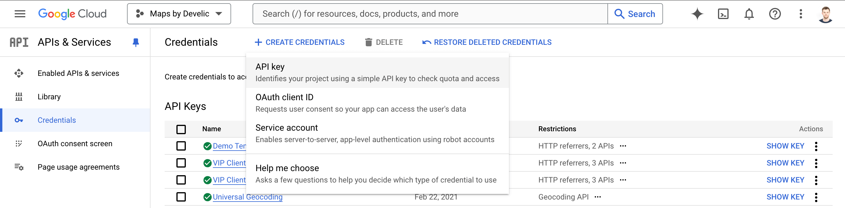 Creating new API key for CSV import geocoding from Google Cloud Console credentials menu