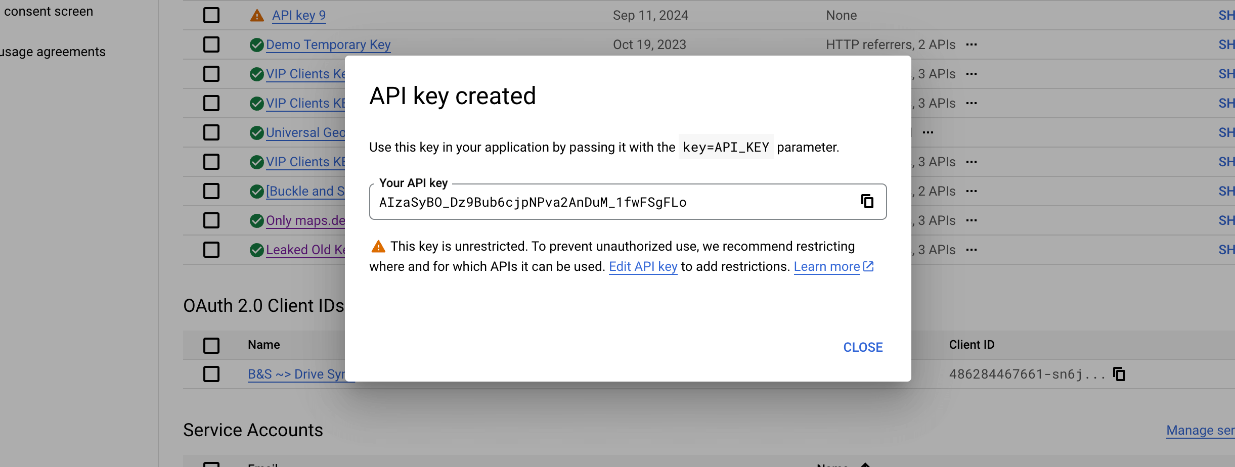 Google Maps API key creation success dialog with edit option for CSV import configuration