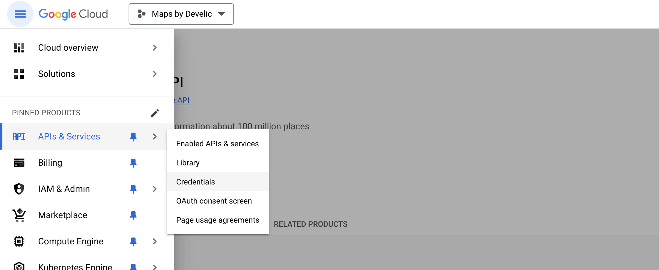 Google Cloud Console APIs and Services Credentials page for creating second Maps API key