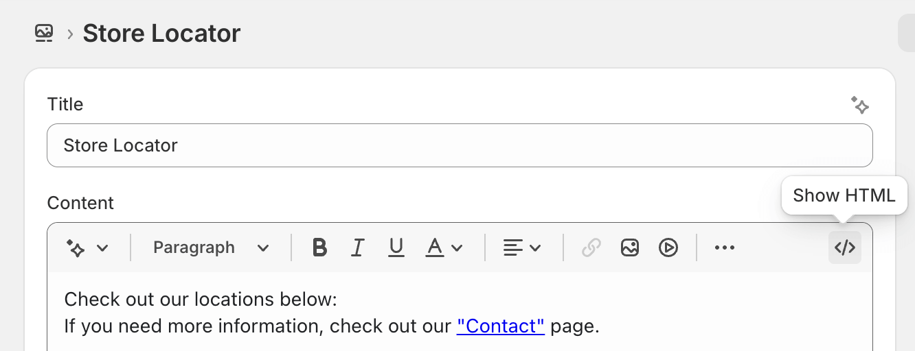 Shopify page editor showing HTML button to access code view for inserting map placement code