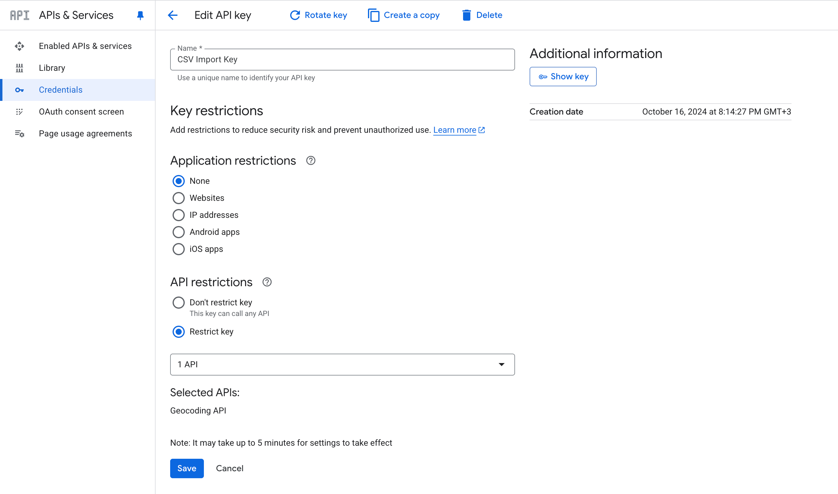 Restricting Google Maps API key to Geocoding API only for secure CSV import functionality