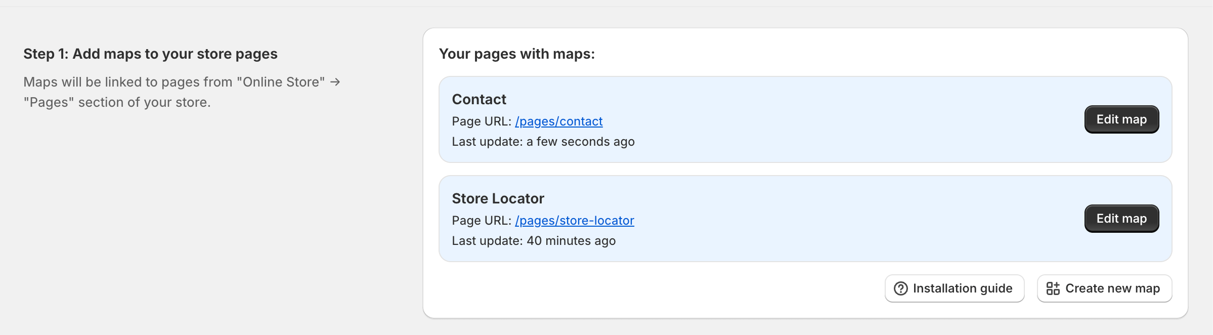 Omnium Maps dashboard showing a list of maps with their assigned Shopify pages