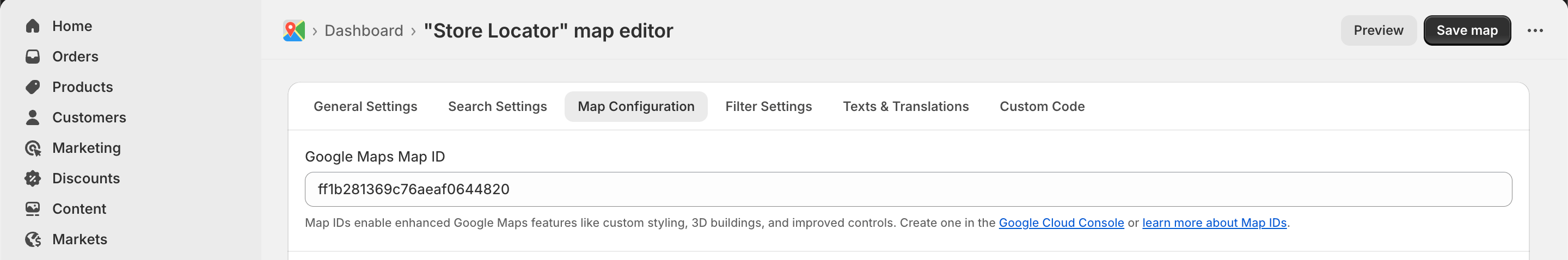 Omnium Maps settings in Shopify with the Map ID field populated