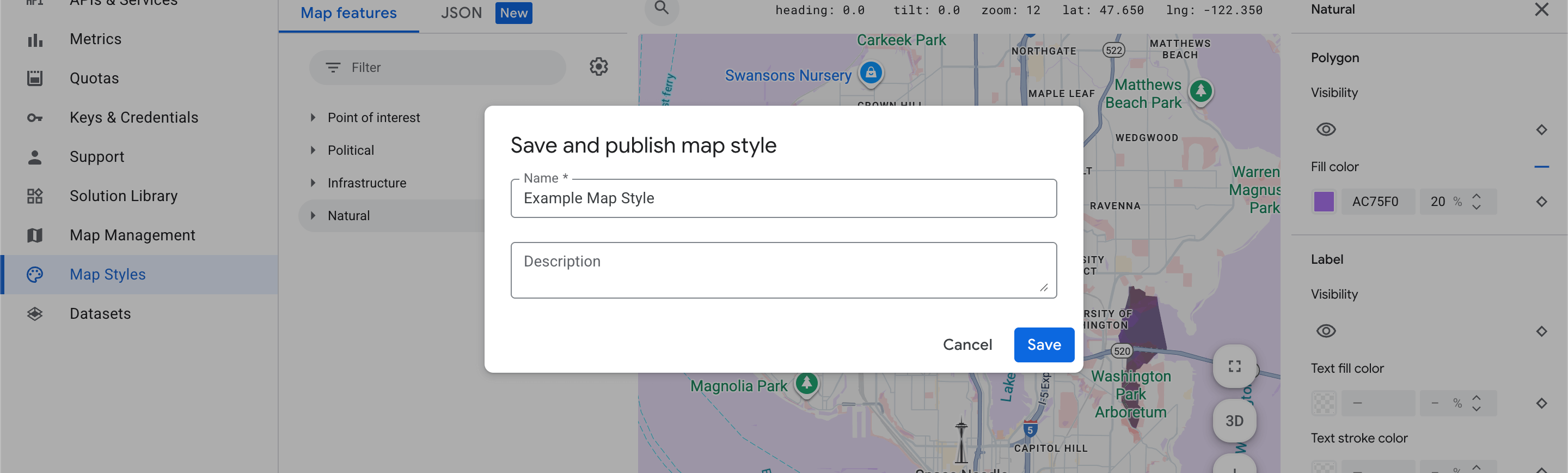 Save style panel confirming the cloud map style