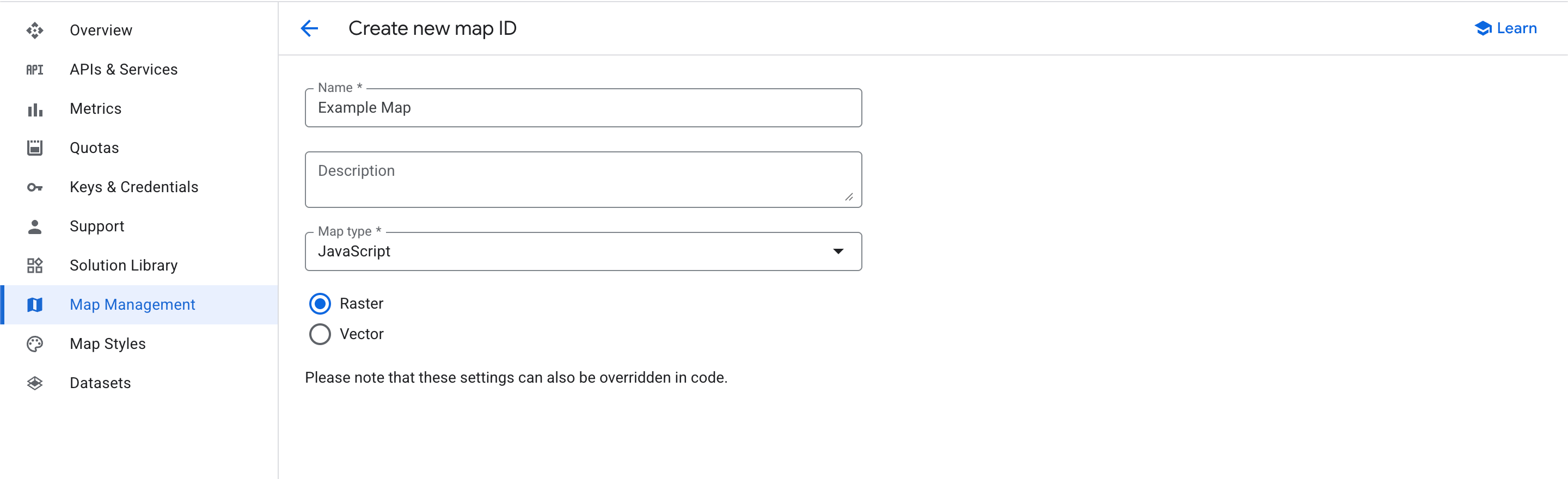 Create Map ID form with JavaScript selected as the platform