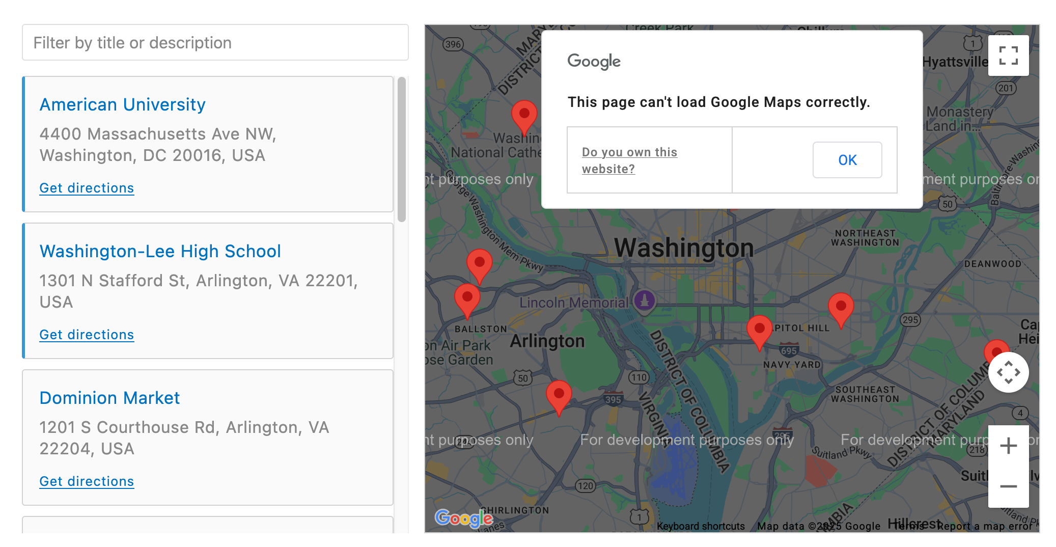 Storefront map with the overlay message 'This page can't load Google Maps correctly'