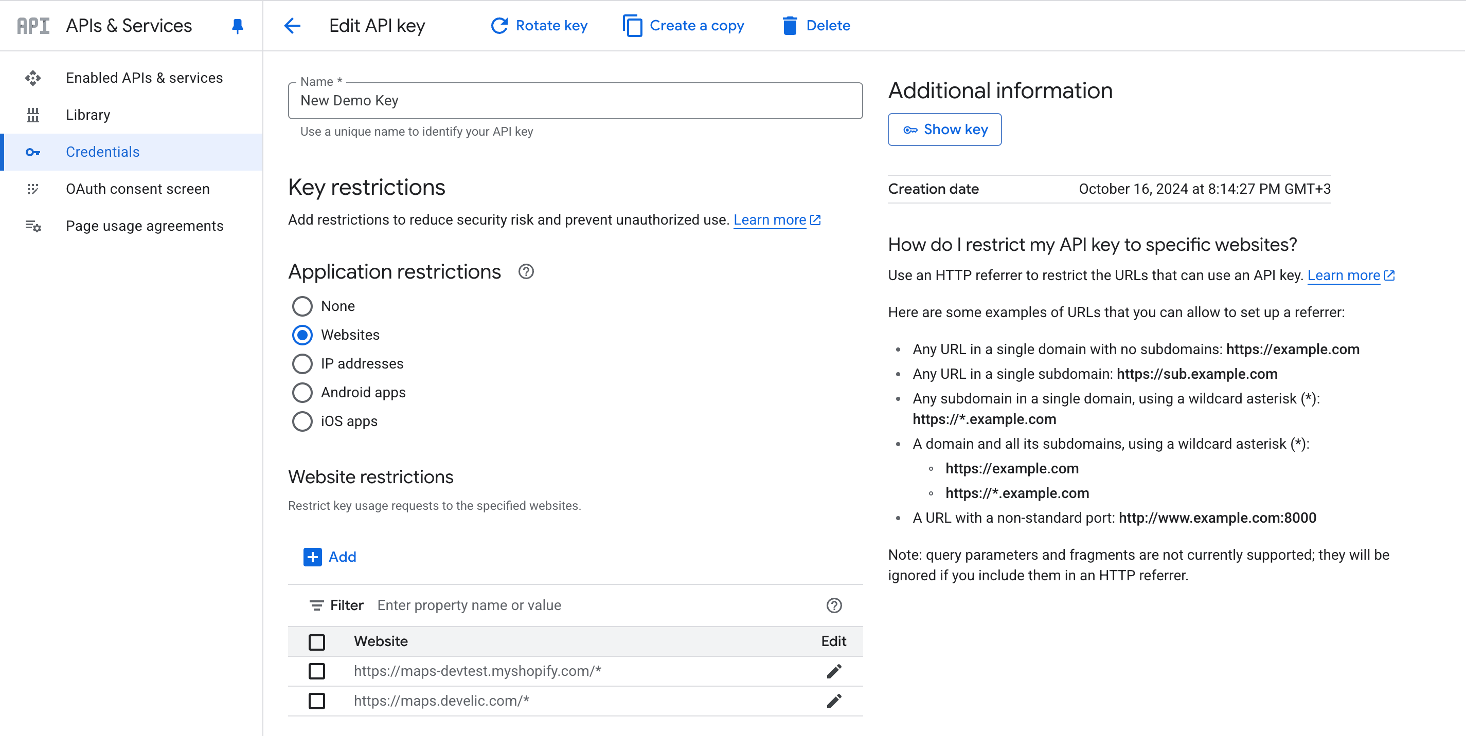 Google Maps API key website restrictions settings with domain whitelist configuration