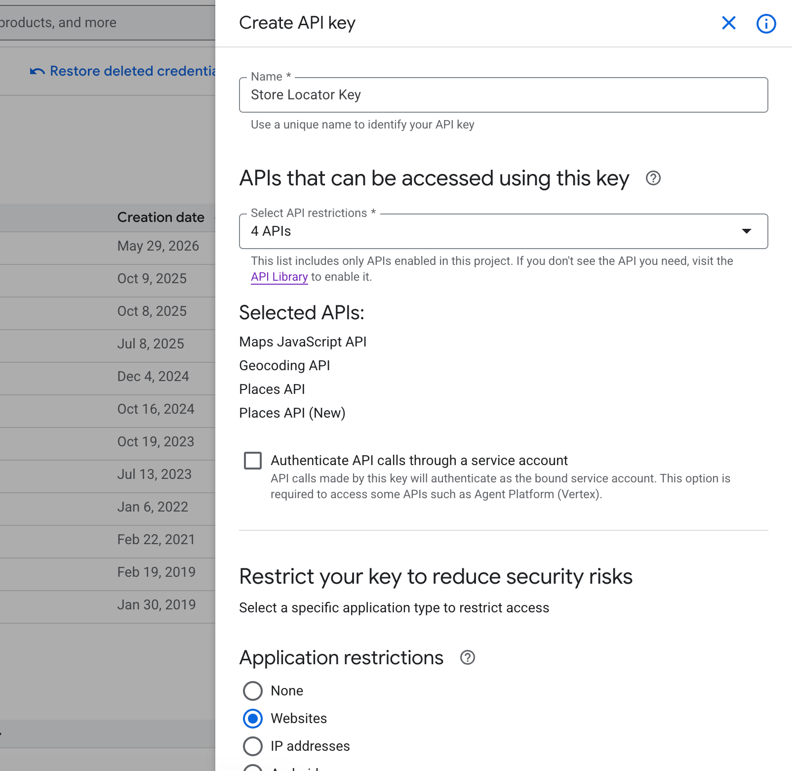 Create API key dialog with Google Maps API restrictions selected