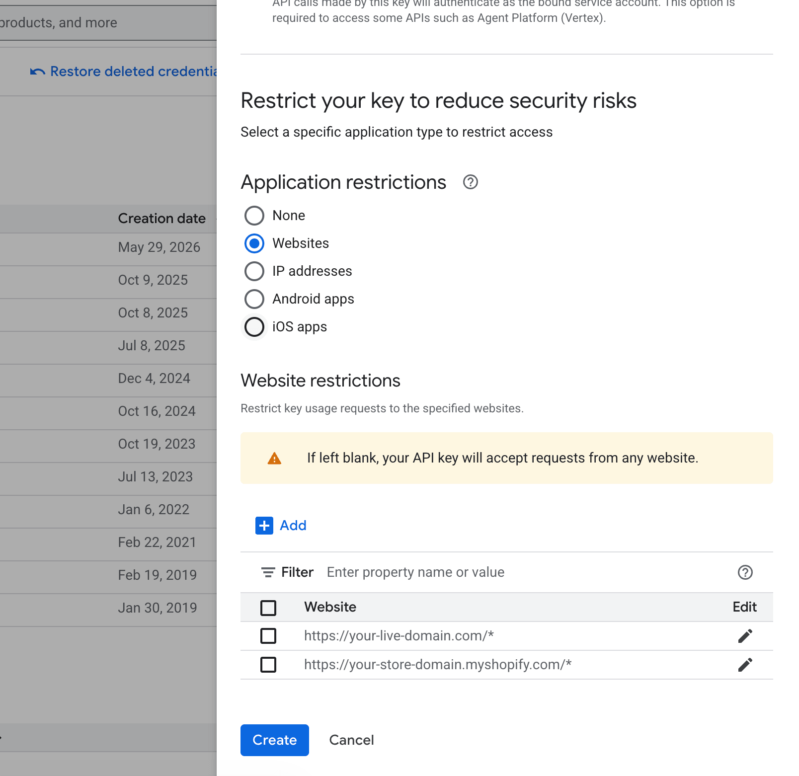 Create API key dialog with website referrer restrictions configured