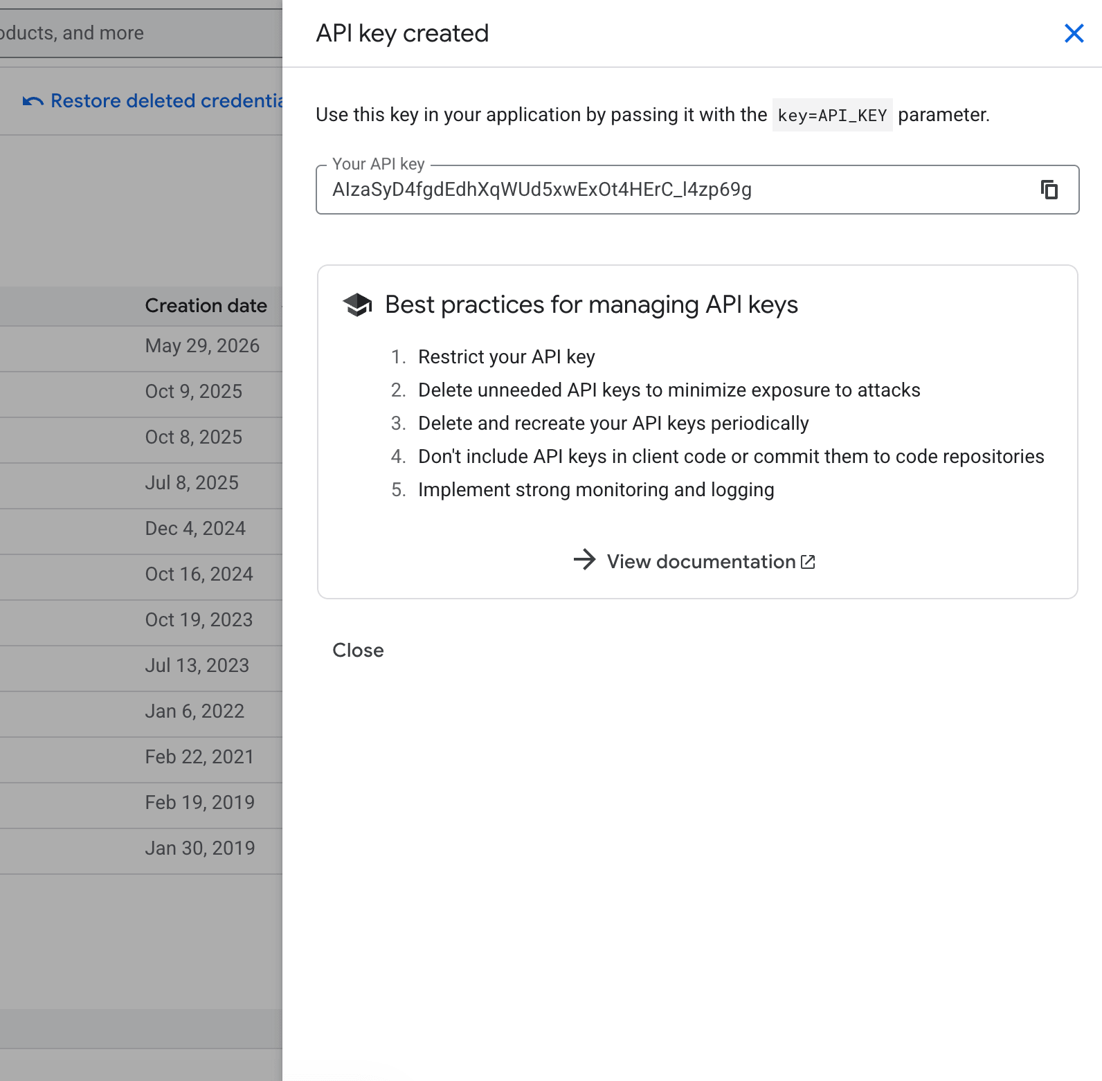 Newly generated Google Maps API key displayed in confirmation dialog