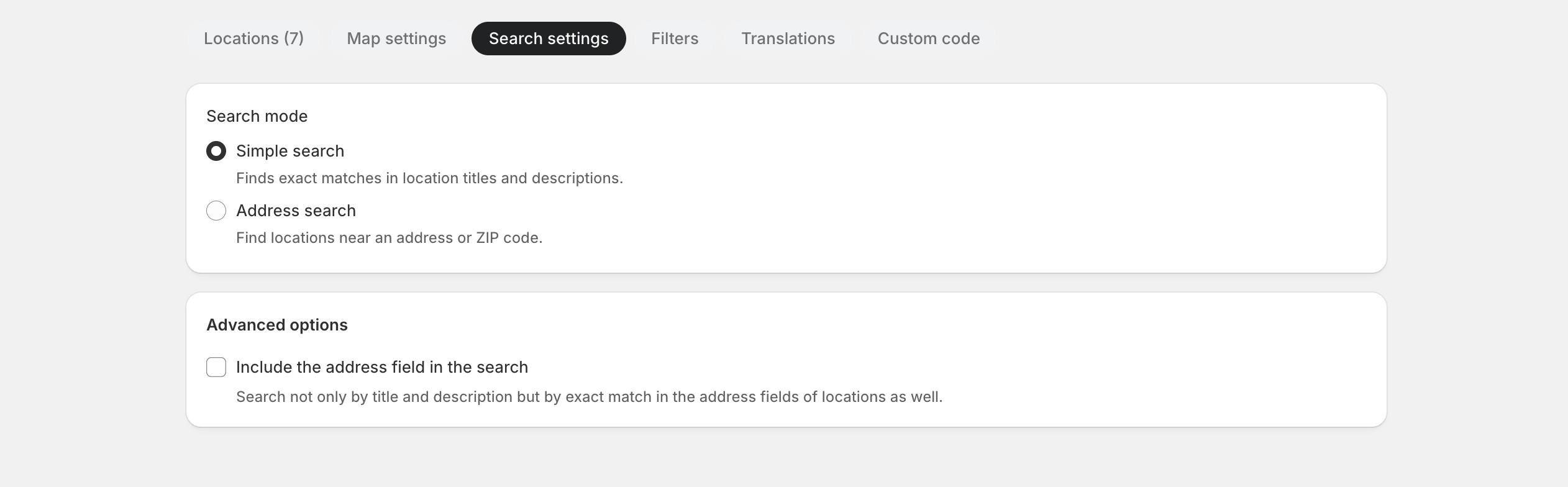 Map editor Search settings tab with Simple search selected, showing the Include address field option