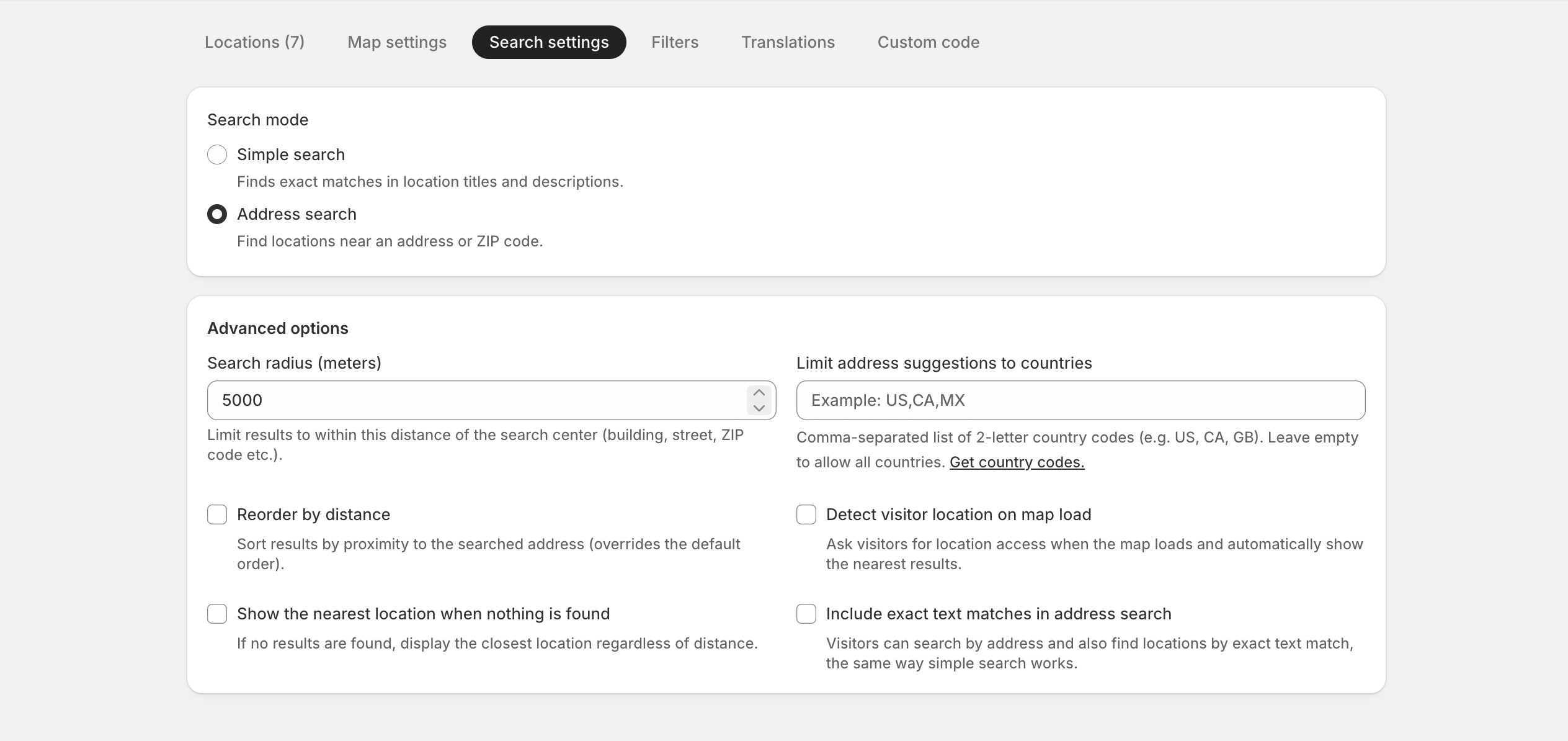 Map editor Search settings tab with Address search selected, showing all geocoding options
