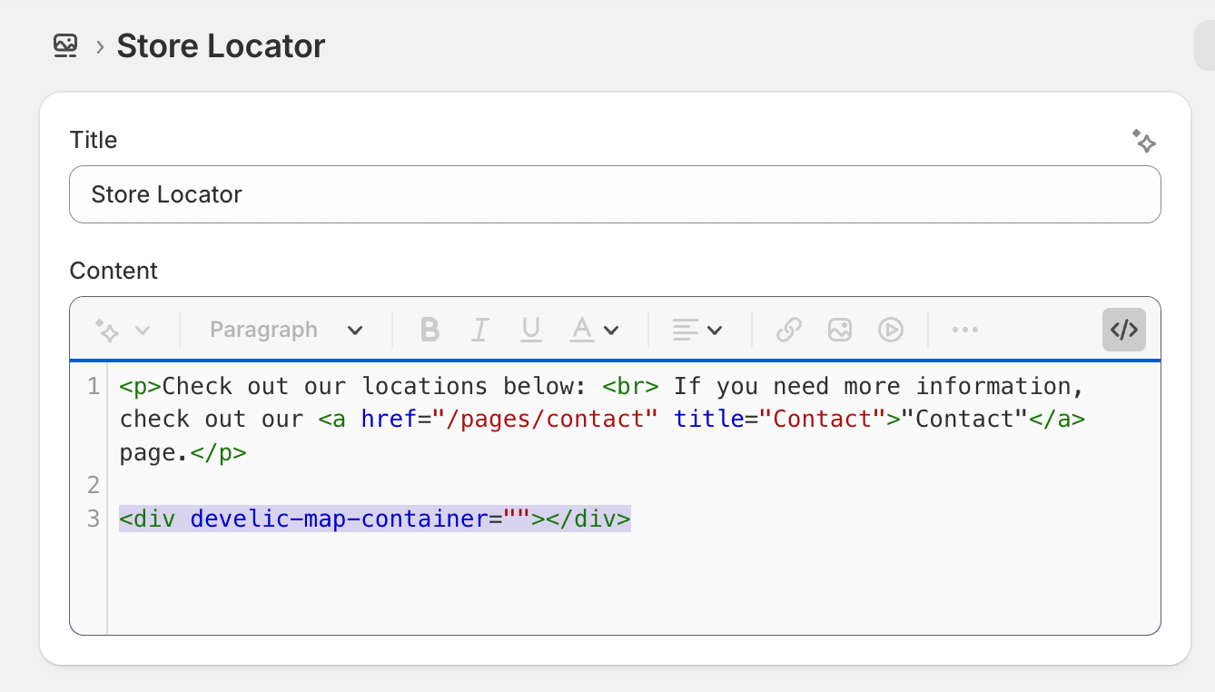 HTML code editor in Shopify showing develic-map-container snippet for custom map placement