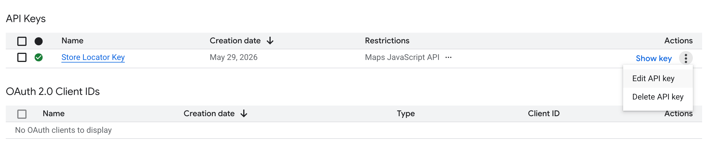 Google Cloud Console API Keys list showing the Edit API key action menu