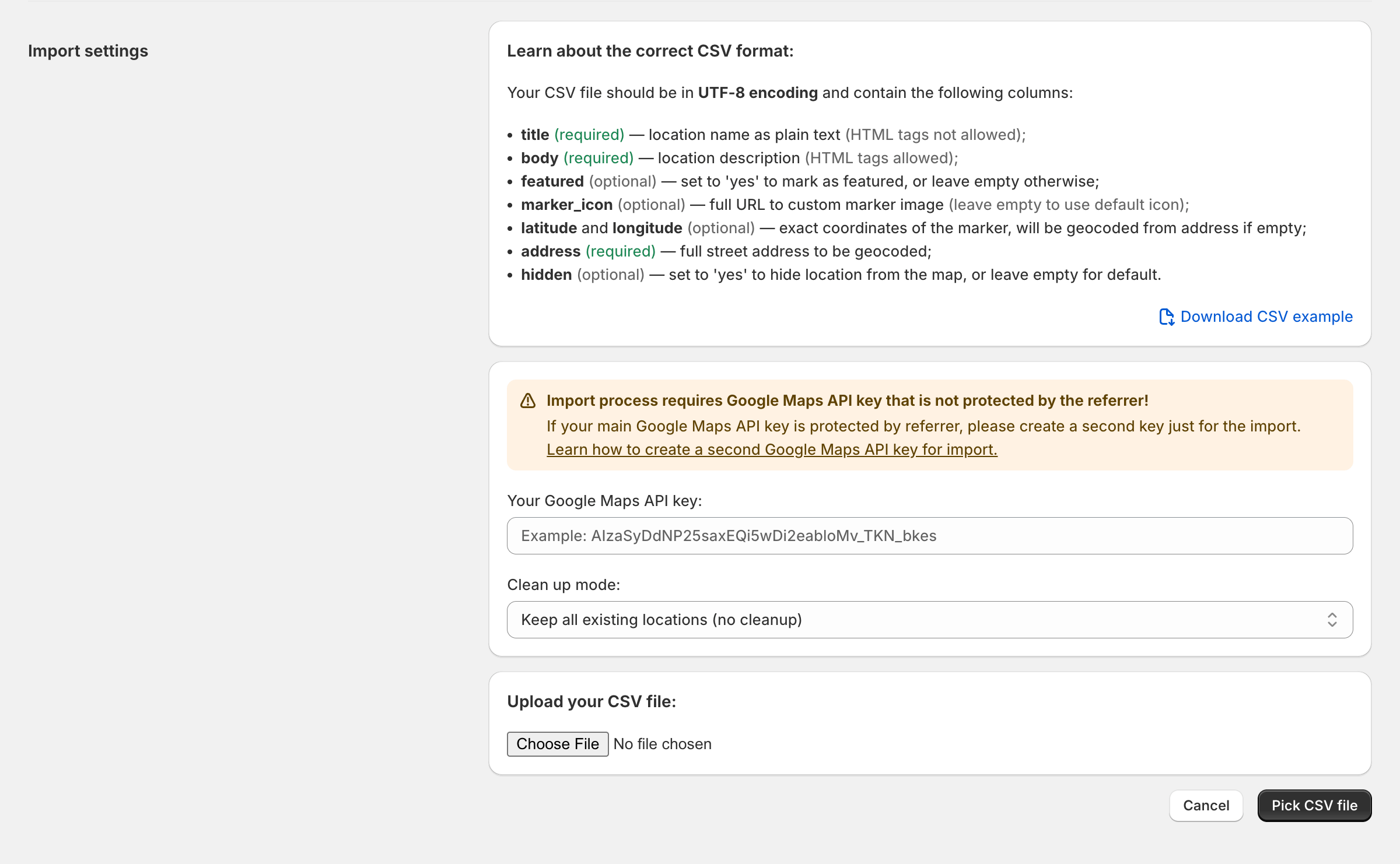 Entering second Google Maps API key in Omnium Maps CSV import page for location geocoding