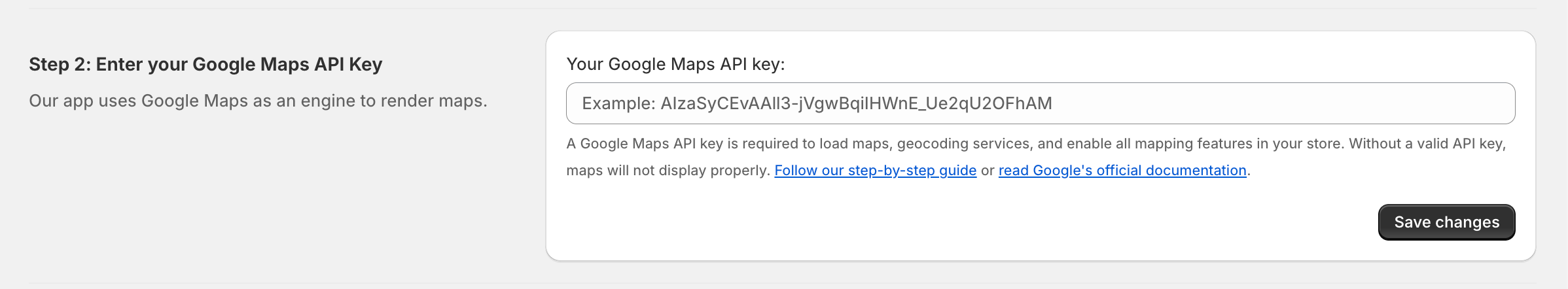 Google Maps API key input field in Omnium Maps settings for Shopify store integration