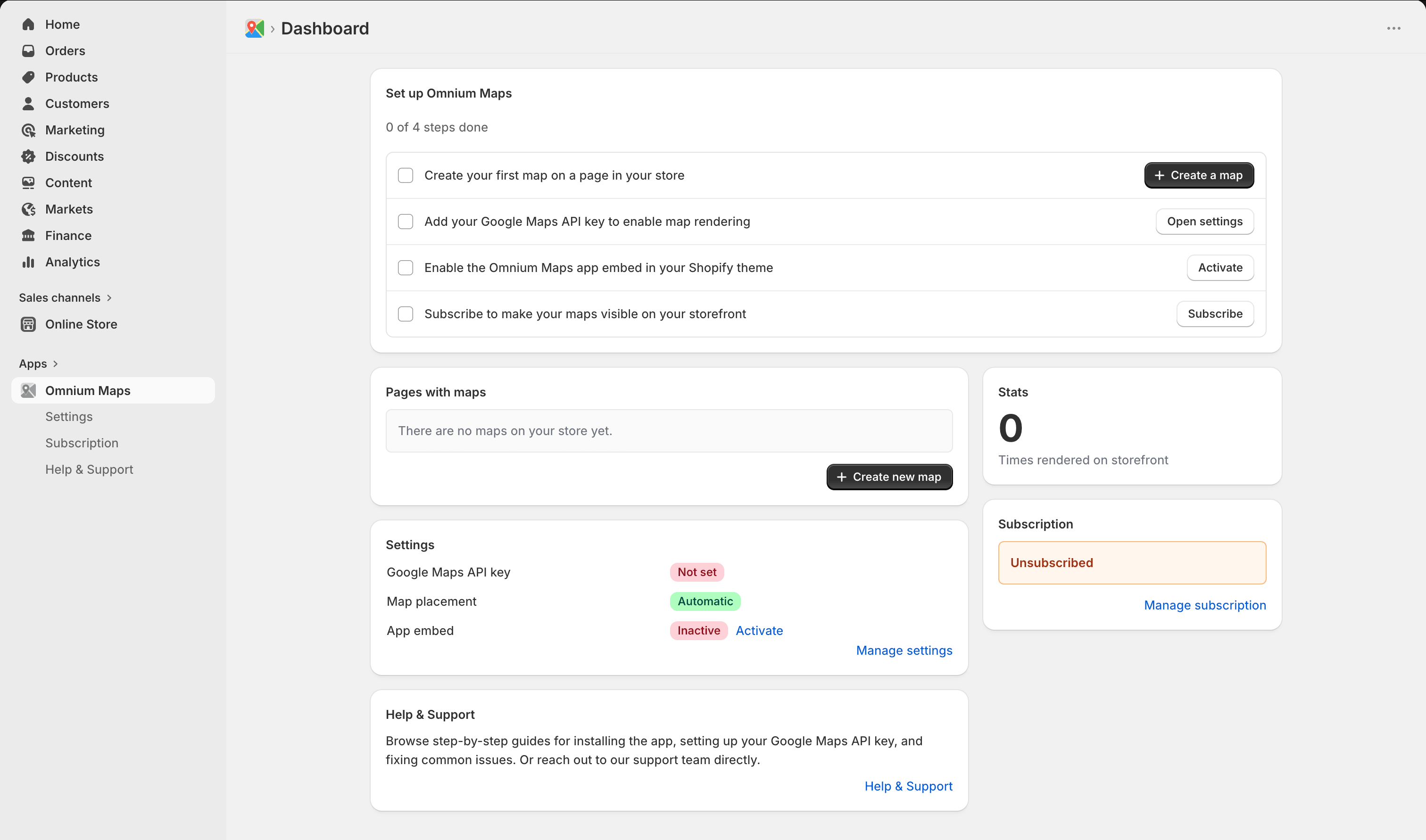 Omnium Maps dashboard showing the 4-step onboarding checklist after installation