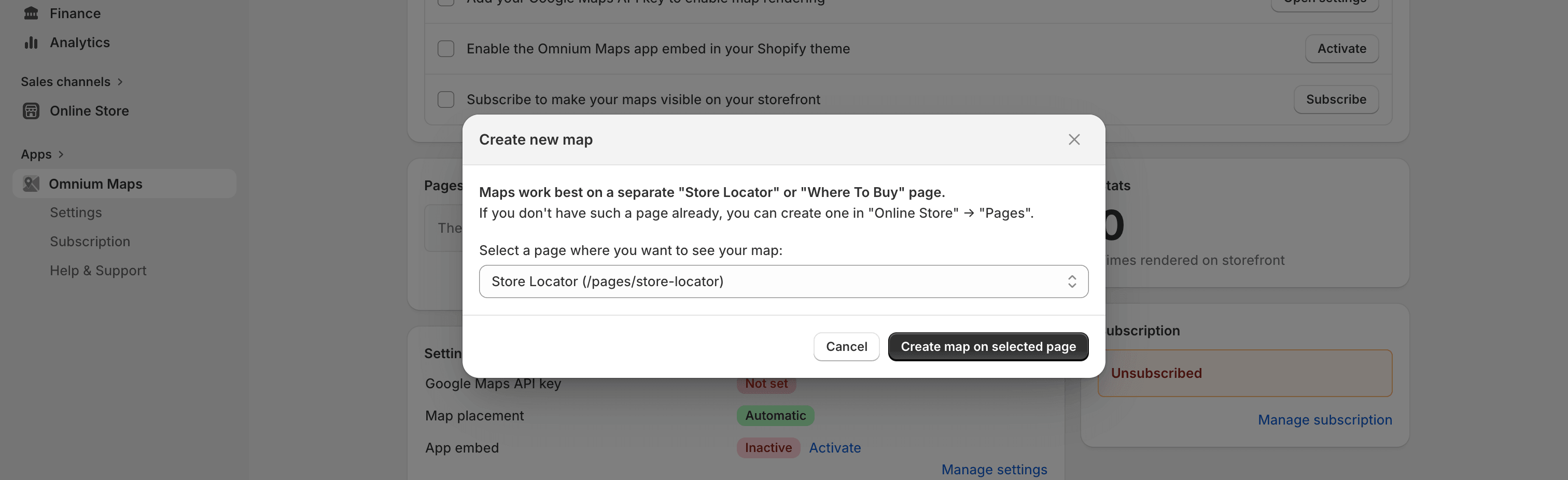 Create new map modal showing a Shopify page selector to link the map to a store page