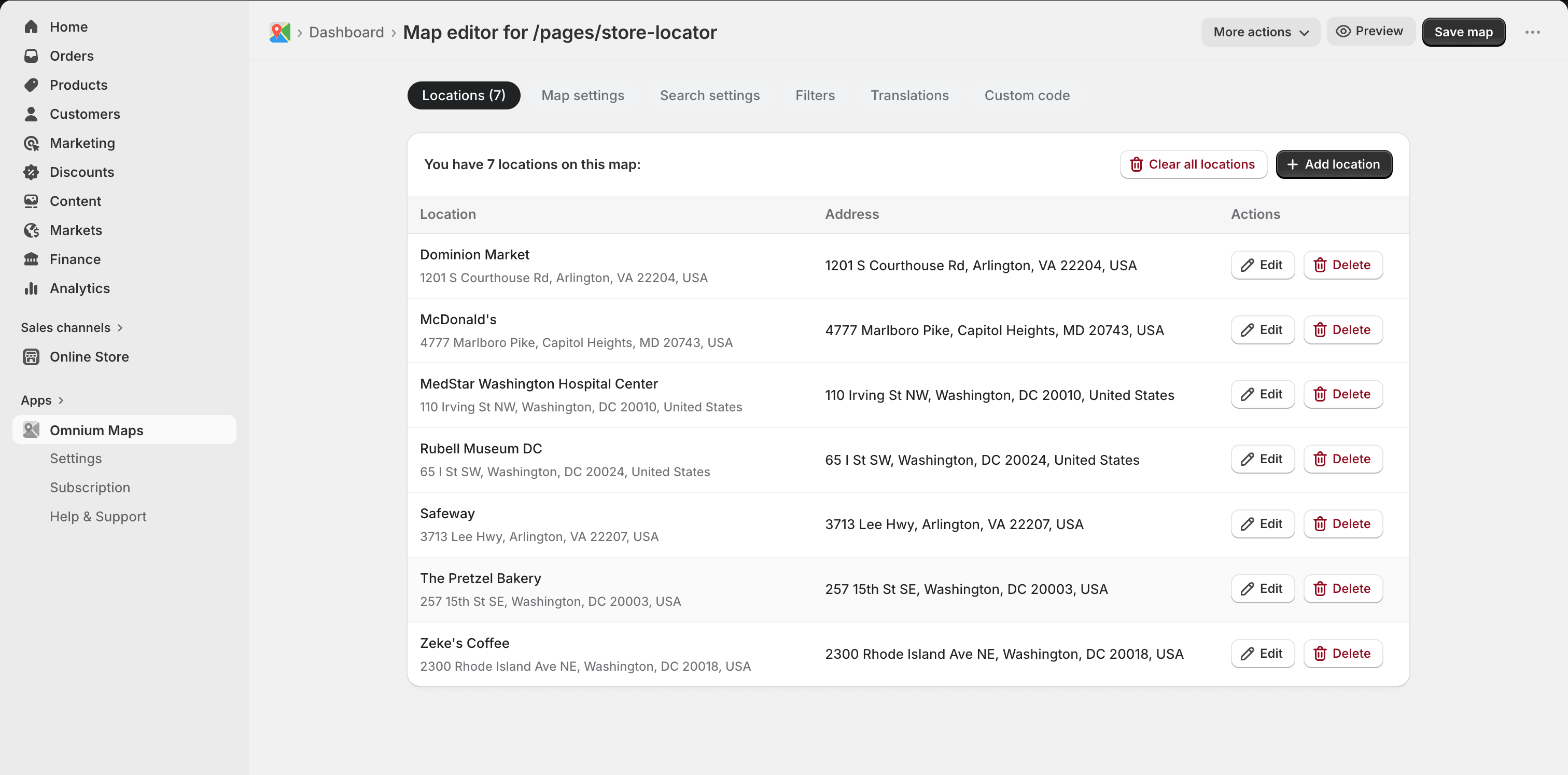 Omnium Maps map editor showing the Locations tab with a list of store locations added