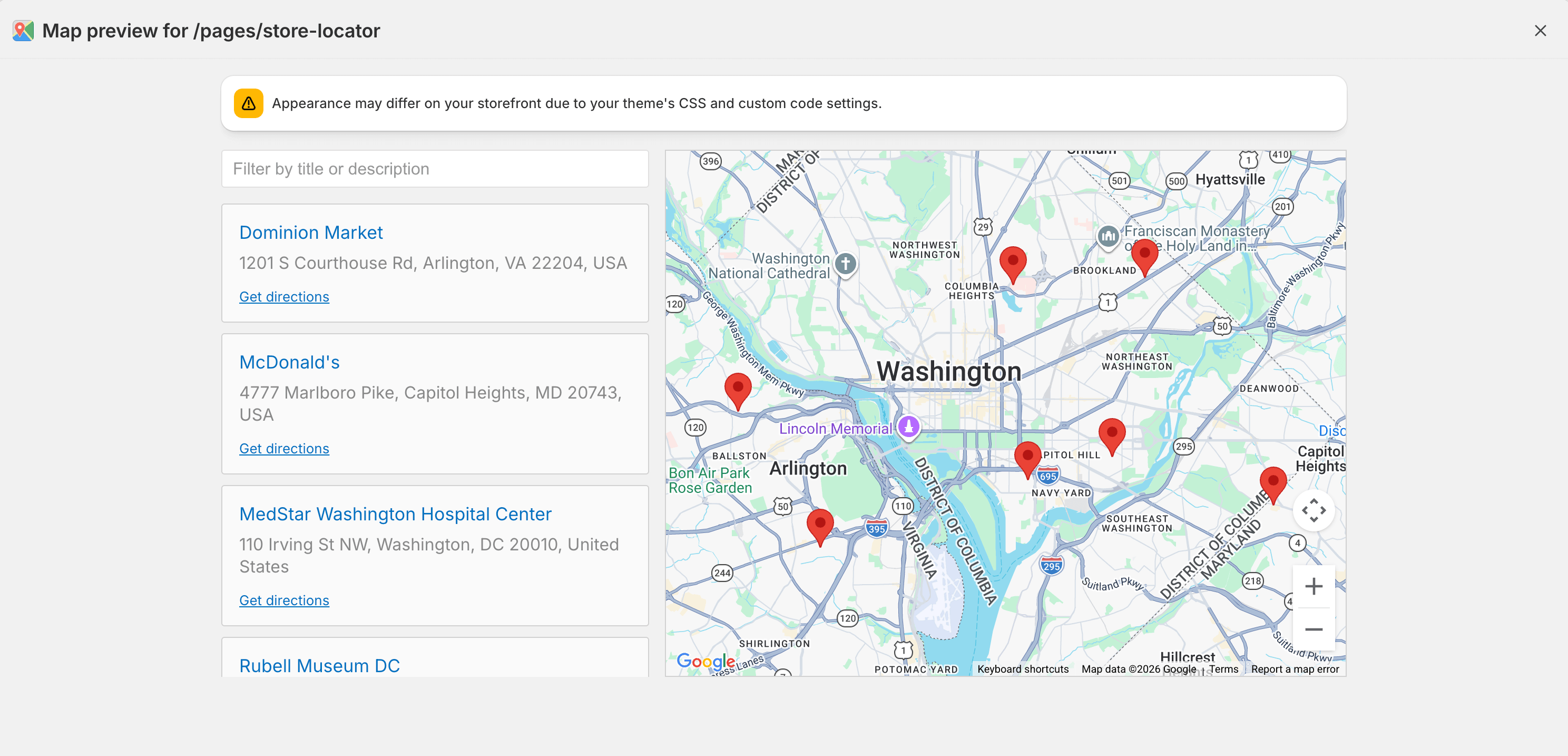 In-app map preview window showing the store locator widget with a list of locations and a Google Map