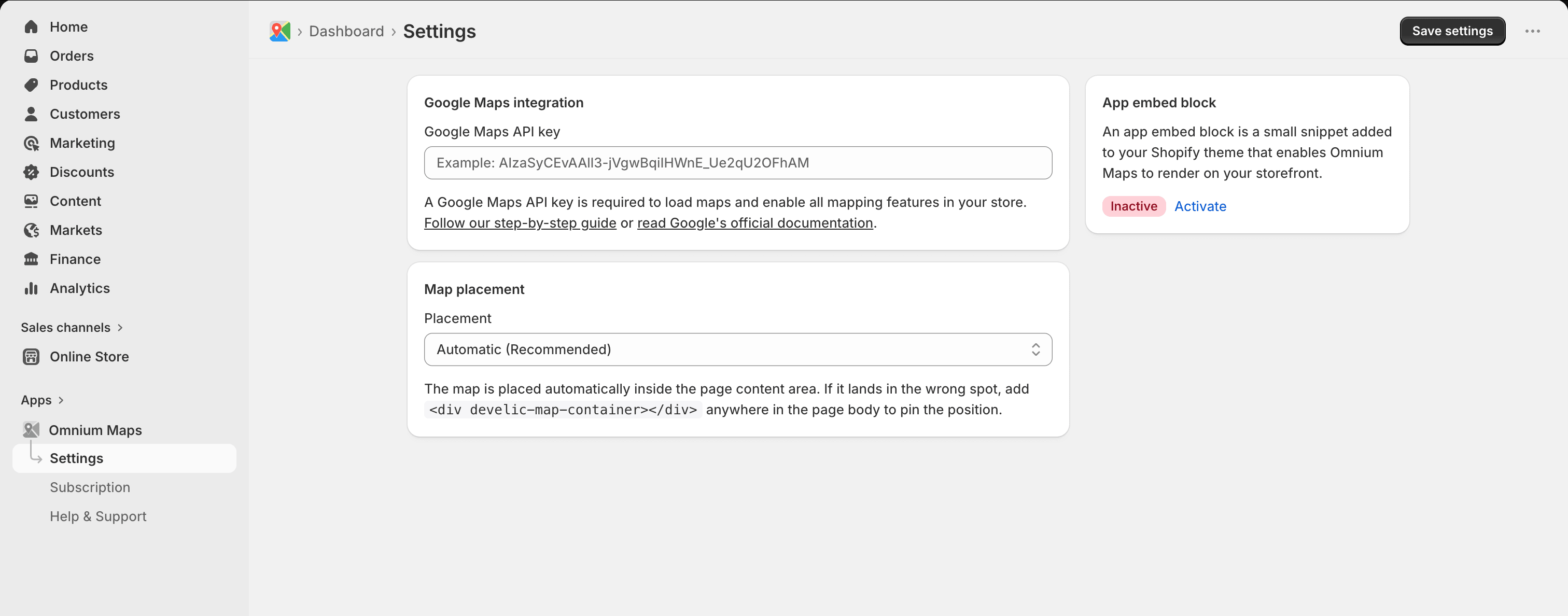 Omnium Maps settings page showing the Google Maps API key field and the app embed block section