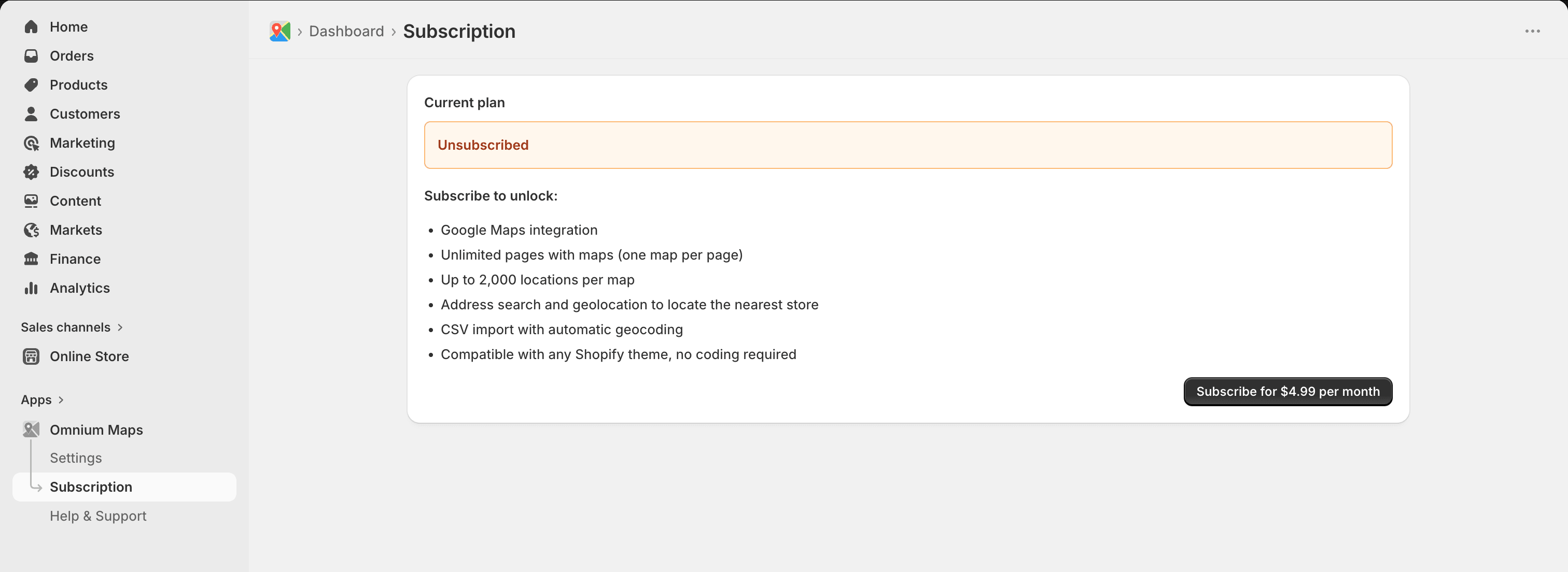 Omnium Maps subscription page showing the current plan and the Subscribe button