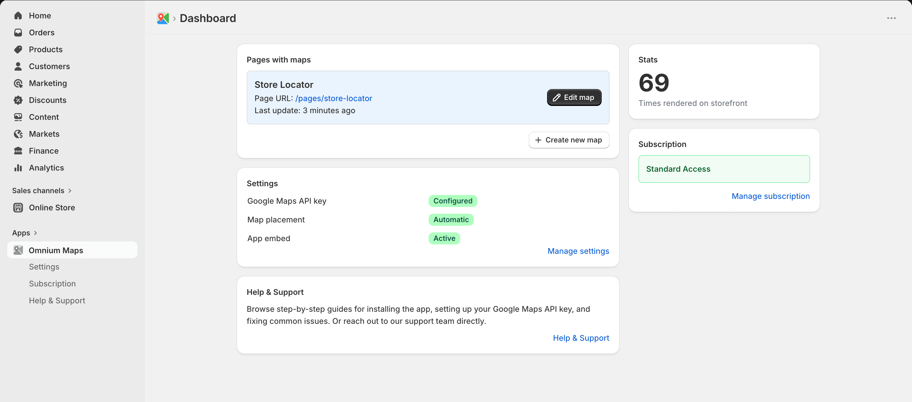 Omnium Maps dashboard in its normal state showing a map card with a storefront page link, stats, and active subscription