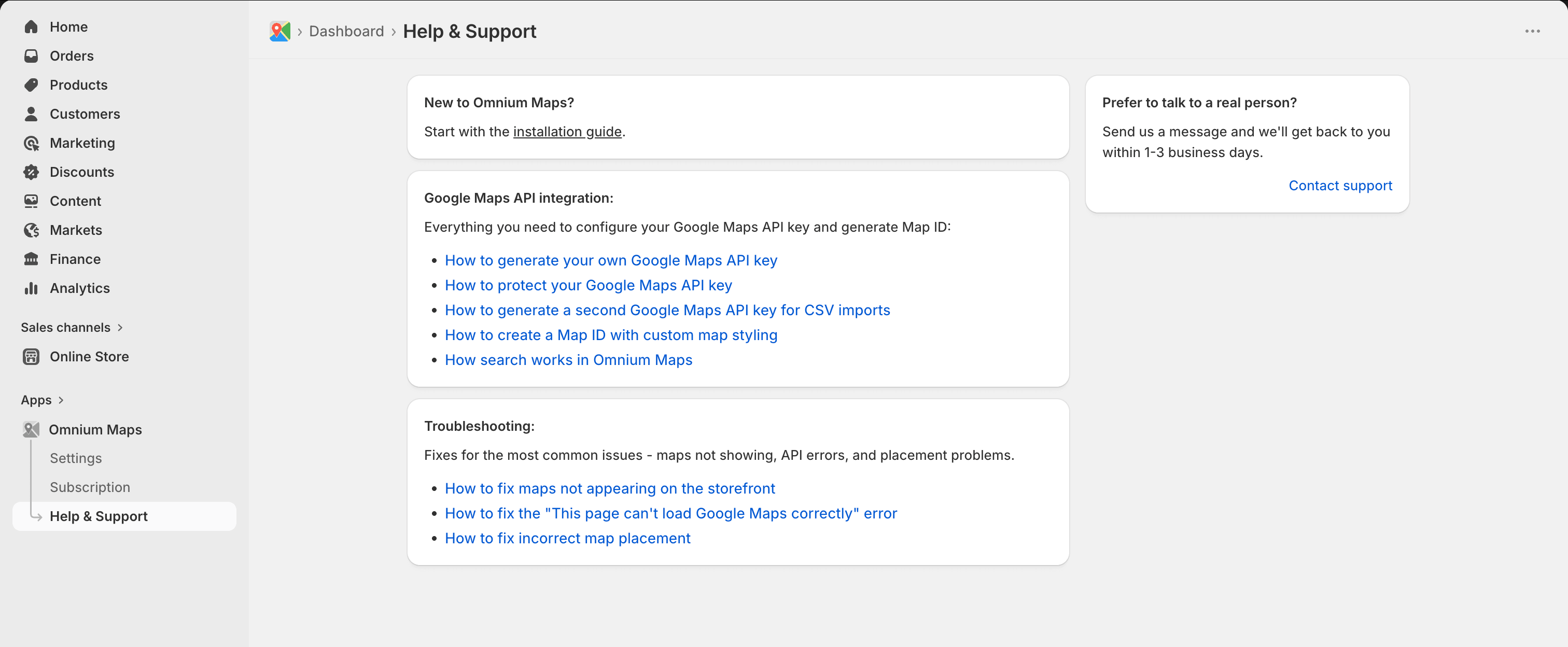 Omnium Maps in-app Help and Support page listing installation and troubleshooting articles