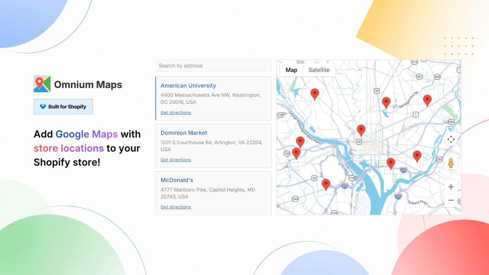 Store locator widget showing a location list and Google Map on a Shopify storefront page