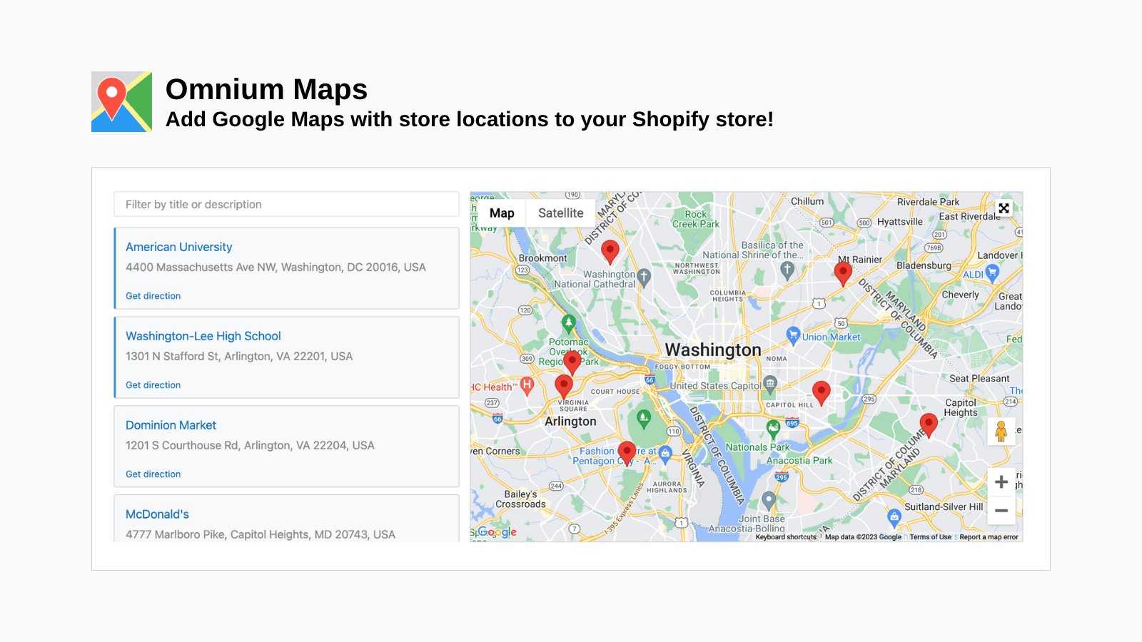 Store locator widget showing a location list and Google Map on a Shopify storefront page