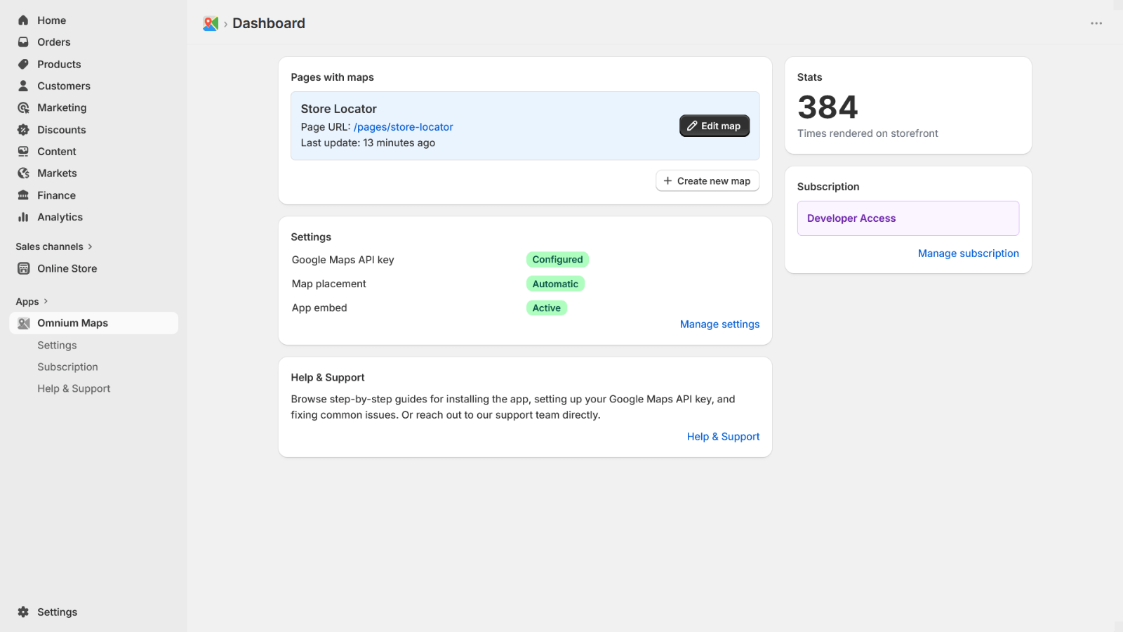 Omnium Maps app dashboard in Shopify admin showing pages with maps, settings status, and render stats