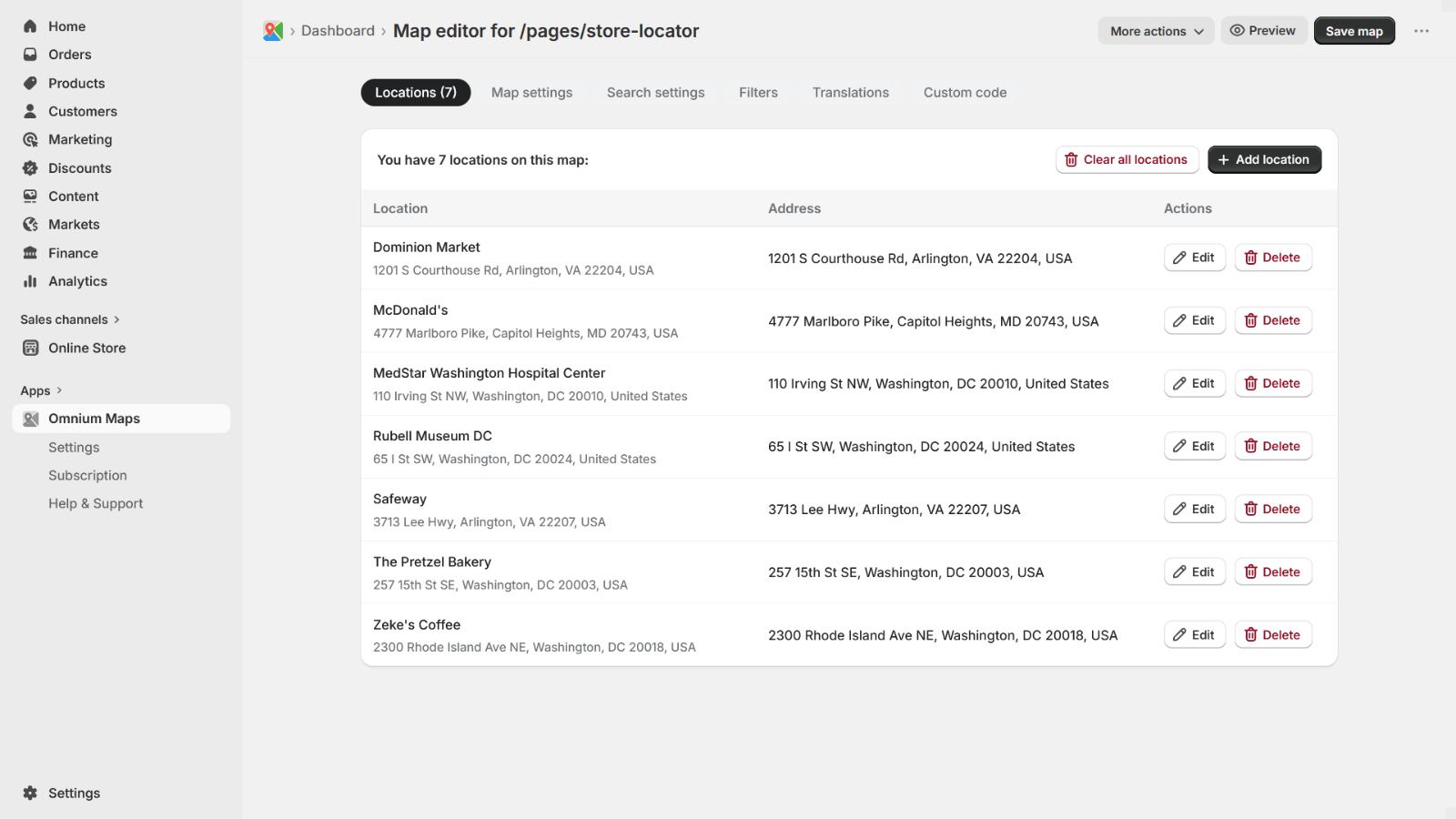 Map editor location list showing store locations with edit and delete actions
