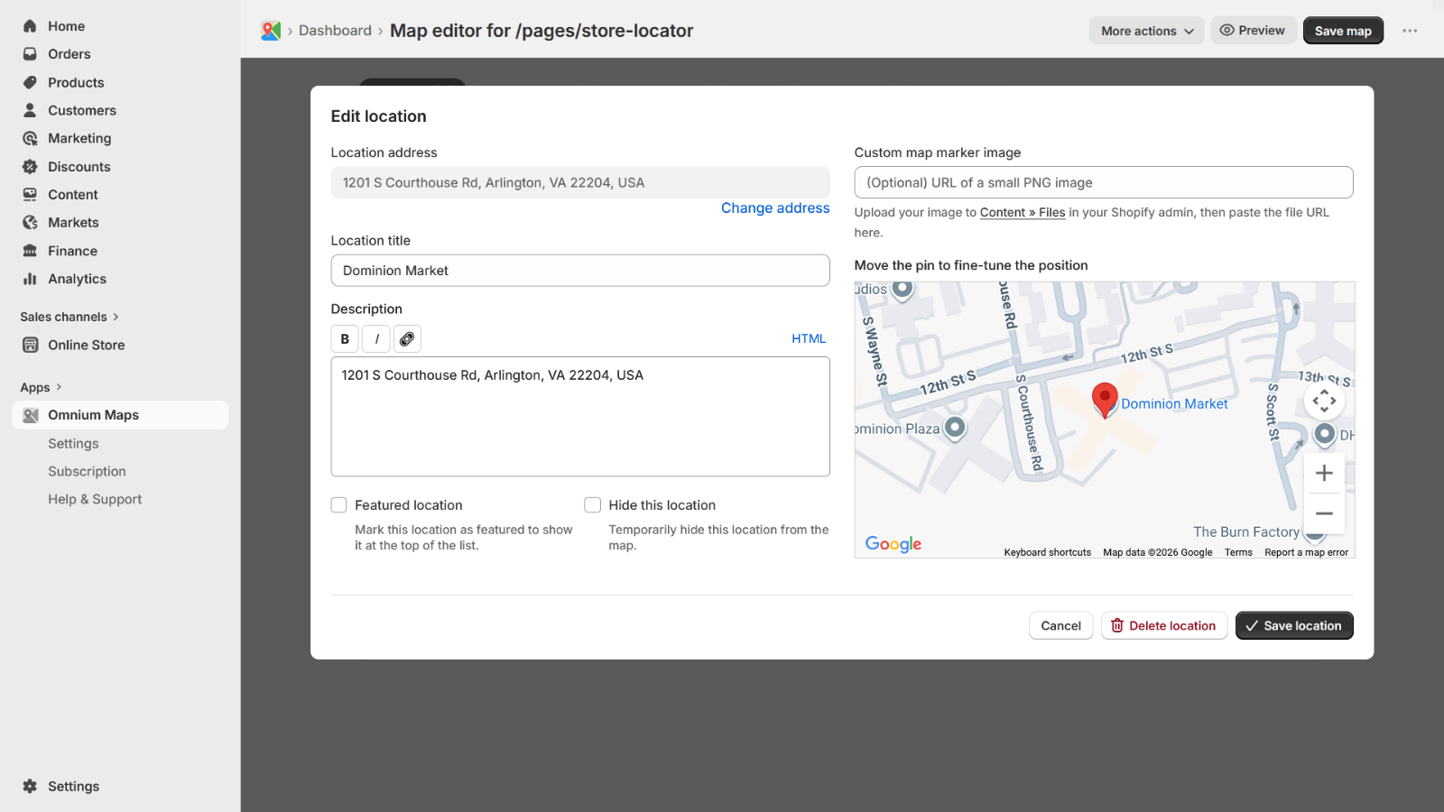 Edit location dialog with fields for title, address, description, and custom marker image