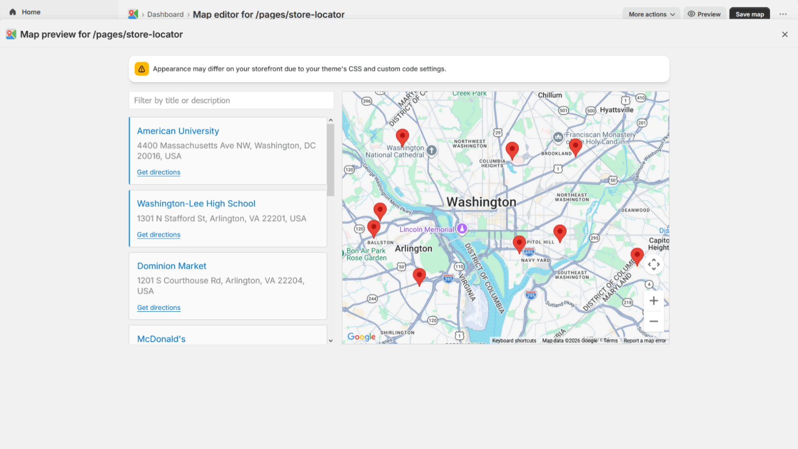 In-app map preview showing the store locator widget with a location list on the left and a Google Map on the right
