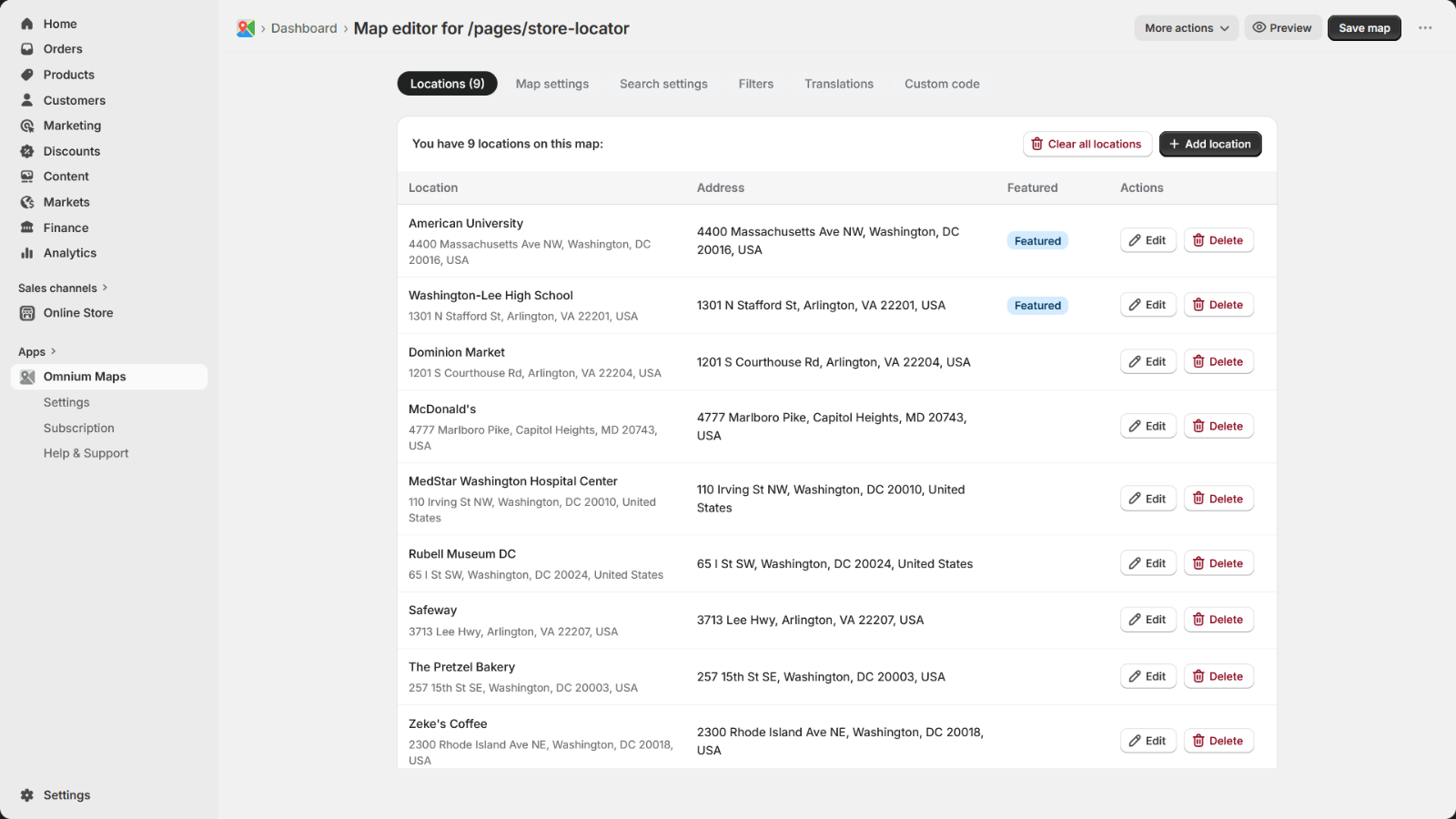 Map editor Locations tab in Shopify admin showing a list of 9 store locations with edit and delete actions