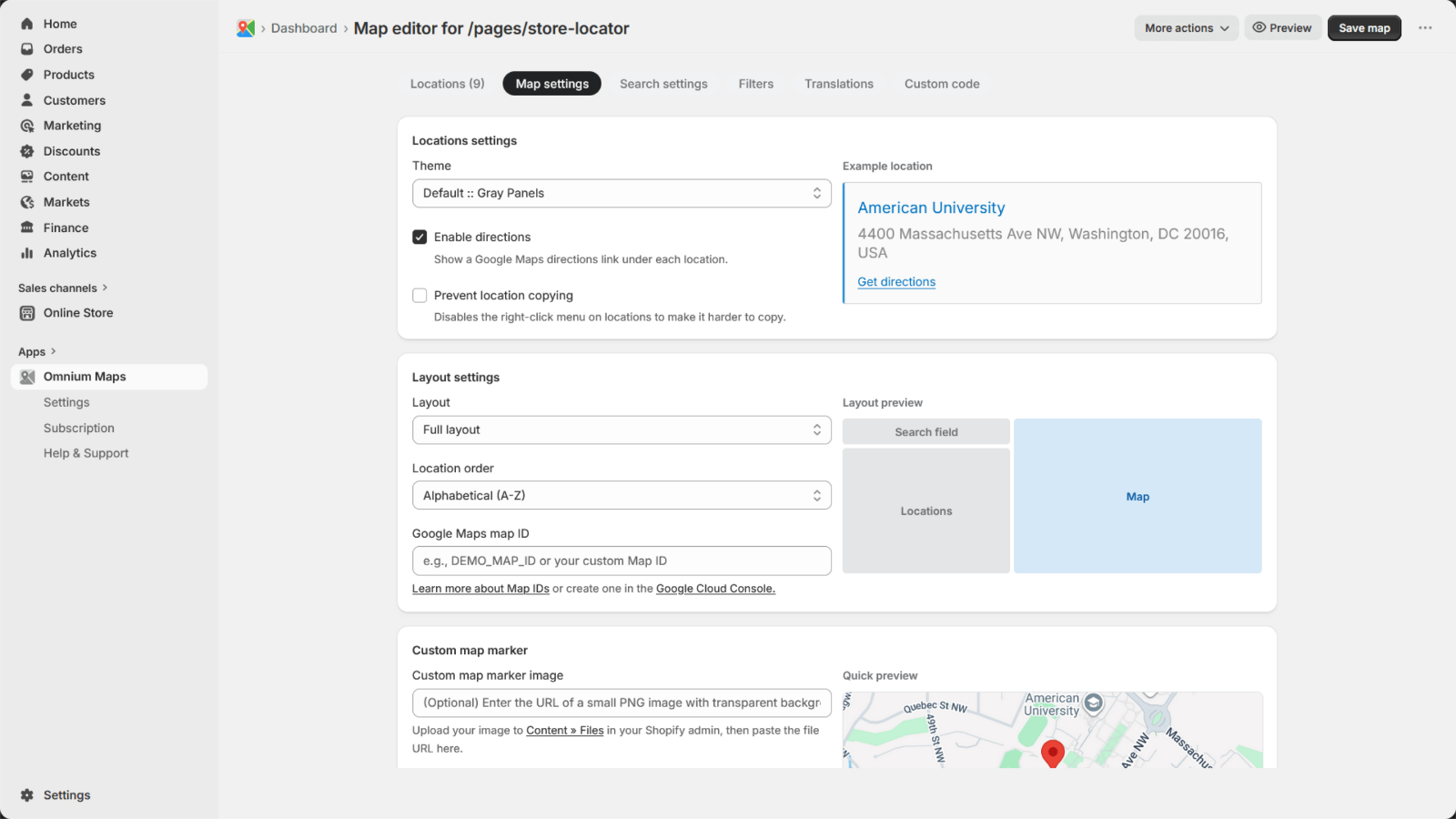 Map settings tab showing theme selector, layout options, location order, Map ID field, and custom map marker configuration