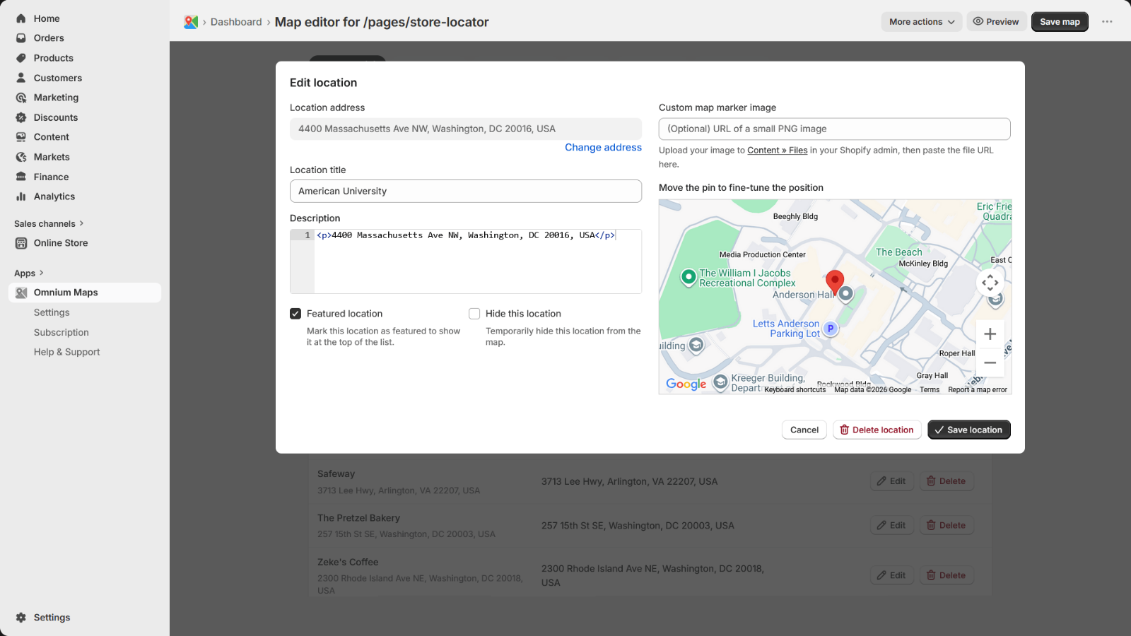 Edit location dialog showing address, title, description fields, featured and hide checkboxes, and a mini map for pin positioning